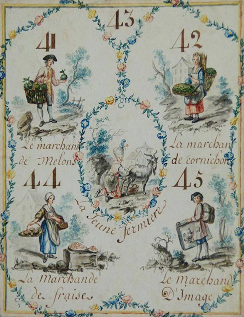 Jeu de Loto ou Cavagnole, un des 24 cartons illustrés vers 1779 pour les propriétaires du château de Brumagne, Nicolas-Constant de Woelmont et son épouse Marie-Charlotte de Haulptenne qui eurent sept enfants. Dim. 17,5 cm x 15 cm. (Jeux de société)