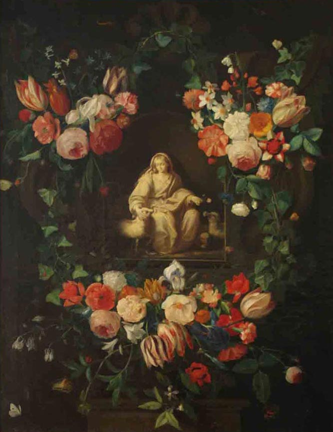 Pierre-Joseph REDOUTÉ (Saint-Hubert 1759 – Paris 1840), Vierge pastourelle dans une couronne de fleurs, huile sur toile, fin 19e siècle, H. 150 cm x L. 90 cm. (Peinture)